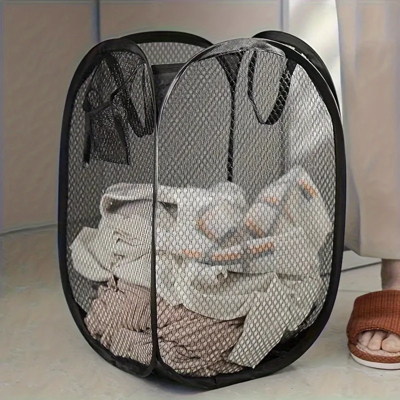 1 foldable pop-up laundry basket handle polyester mesh dirty laundry storage basket lightweight large capacity