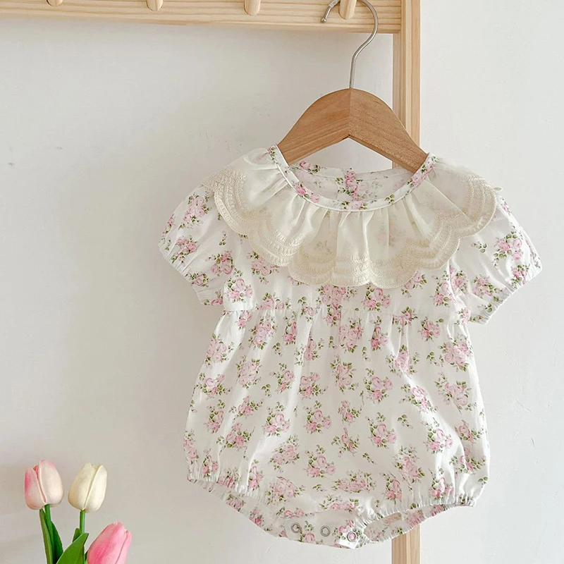 

Newborn Baby Girl Romper Short Sleeved Cotton Floral Printing Lace Stitching Infant Baby Girls Jumpsuit Baby Clothes For Summer