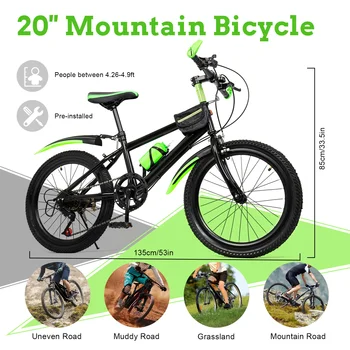 20 Inch 7 Speeds Mountain Bike Adjustable Children's Bicycle with Storage Bag and Compass Bell Braking System Bike 2