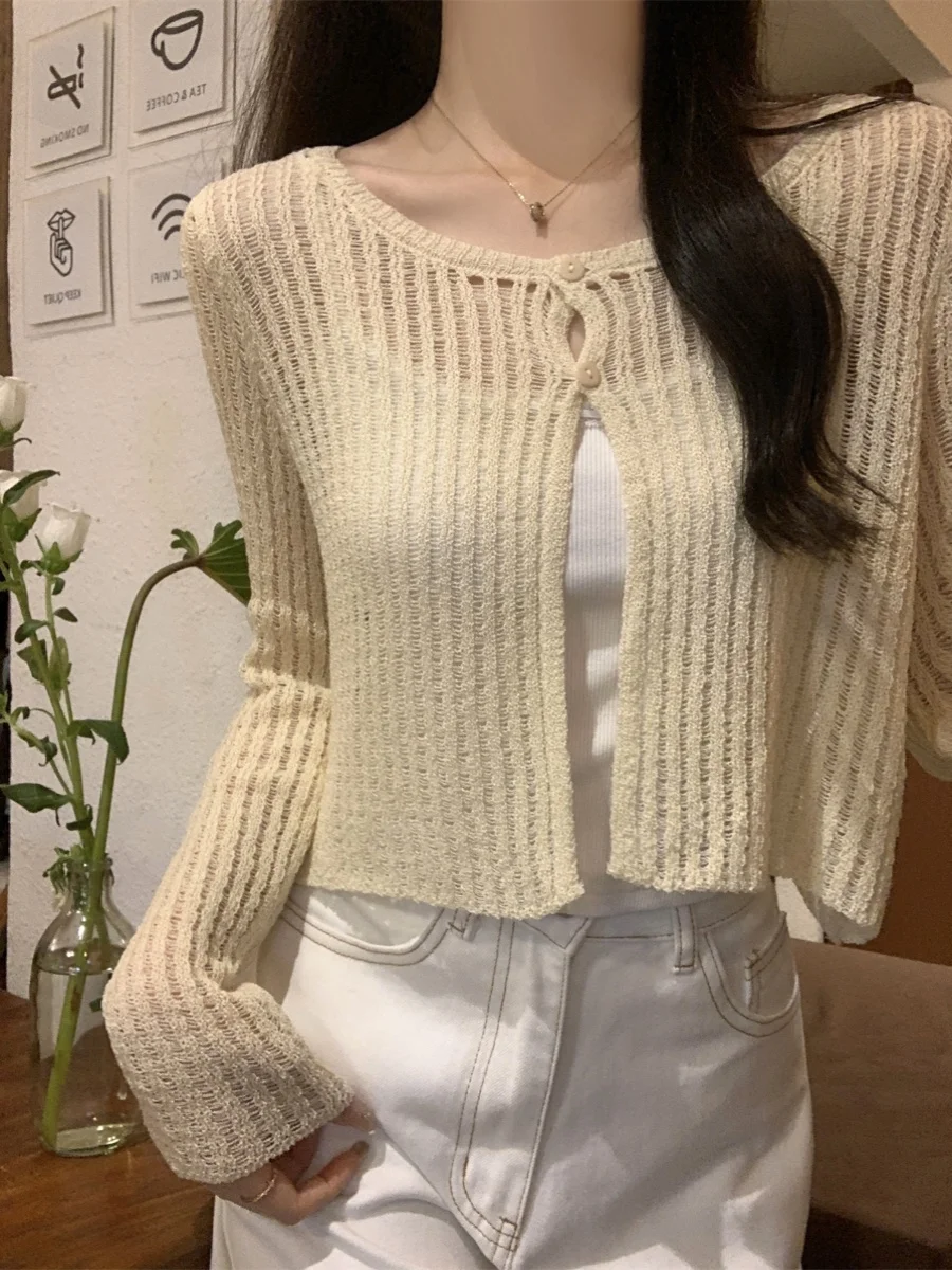 Thin Long Sve Hollow out Knitted Cardigan Women's Summer New Loose