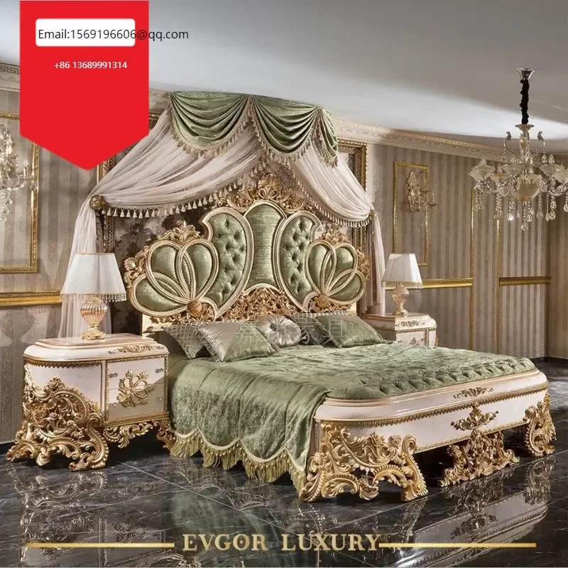 

Custom European luxury solid wood bed fabric double French Carved palace Princess master bedroom furniture