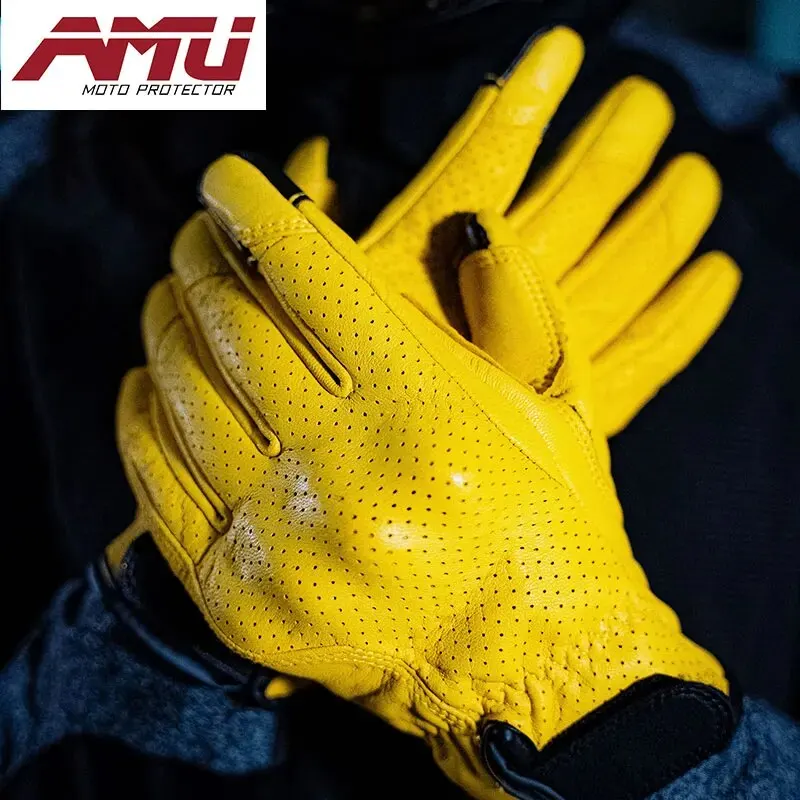 AMU Motorcycle Vintage Leather Men Women Protective Cycling Gloves Touchscreen Perforate Motorcross ATV Guantes Moto