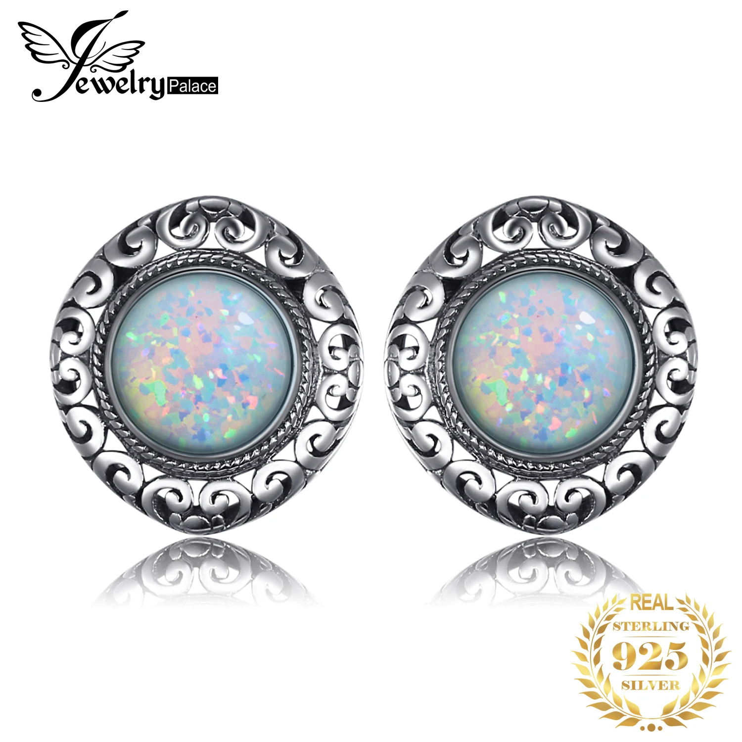 JewelryPalace Vintage 2.5ct Cabochon Created Opal 925 Sterling Silver Stud  Earrings for Women Hollow Heart Gemstone Earrings