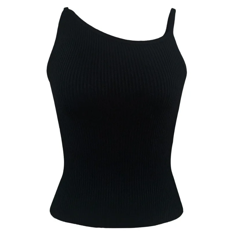 Camiseta negra de moda acanalada para mujer, jersey de espagueti, informal, de retazos, sin mangas, verano 2025, top ajustado para mujer