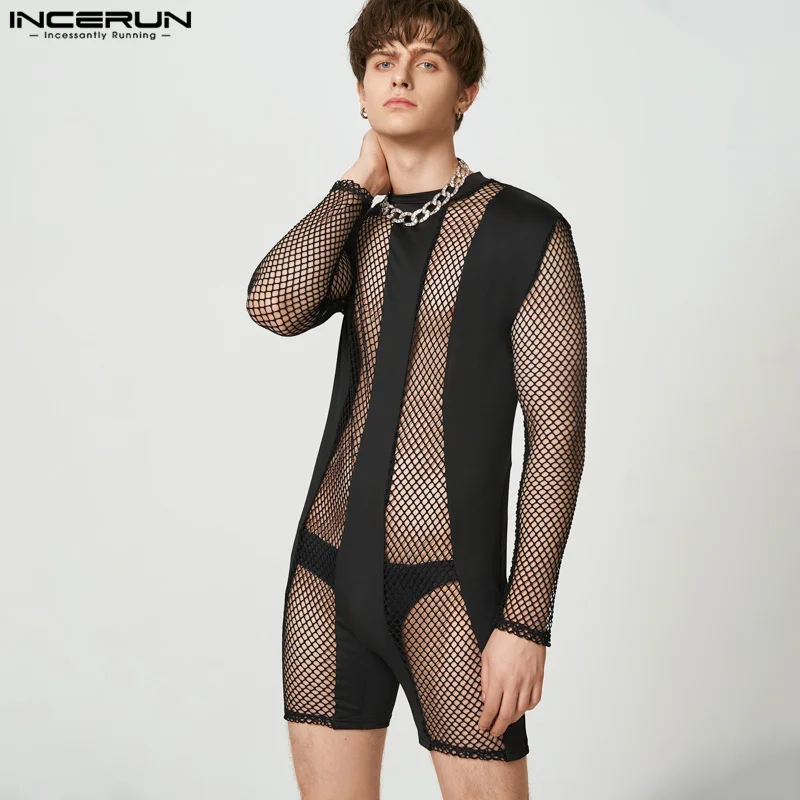 INCERUN Casual Party Hot Sale Homewear New Men's See-through Mesh Bodysuit Sexy Splicing Solid Long-sleeved Thin Jumpsuit S-5XL
