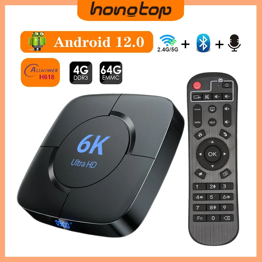 HONGTOP Smart TV Box Android 12 4GB 32GB 64GB 2.4G/5GHz Wifi Bluetooth Android TV Box 6K HDR Media Player 3D Video Set Top Box