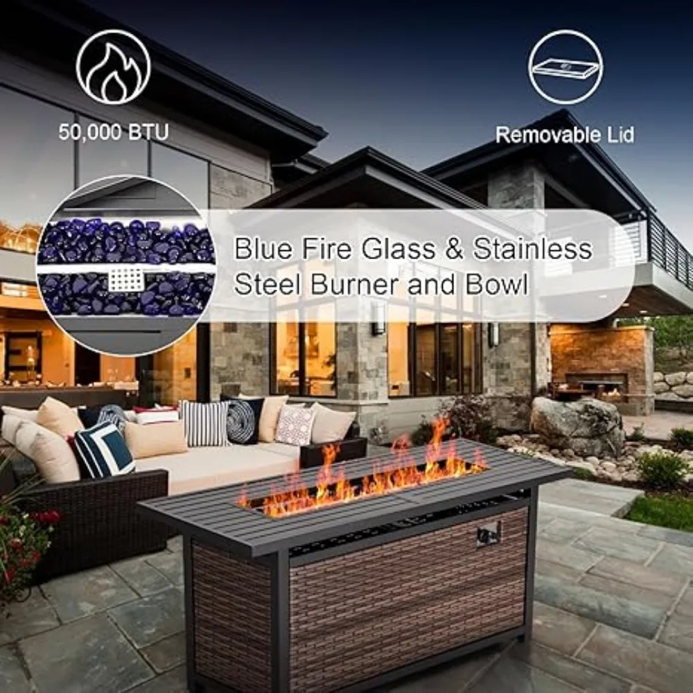 56 INCH Propane Fire Pit Outdoor Fire Table,with Glass, Lid, Garden, CSA Certification,50,000 BTU Gas Pit Table
