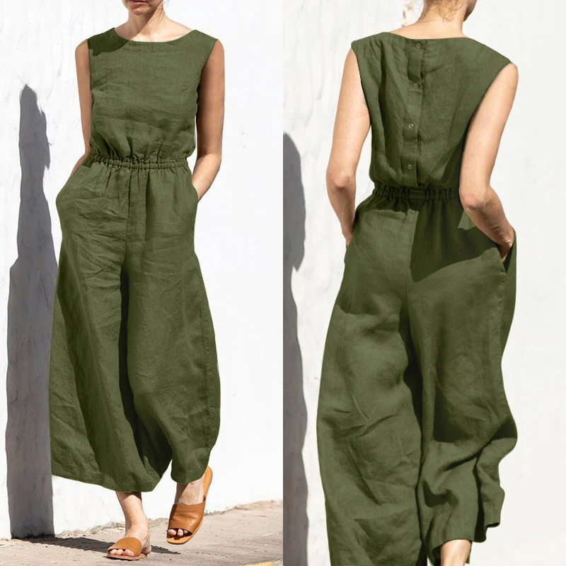 Summer Solid High Waist Sleeveless Jumpsuits For Women'S Fashion Casual Loose Fit Overall Wide Leg Pants Female One-Piece Suit