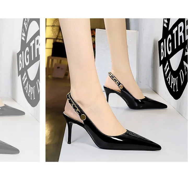 Shoes Metal Chain Women Pumps Patent Leather New Women 7 Cm 9.5 Cm Heels Women Summer Stilettos Sandals High Heels