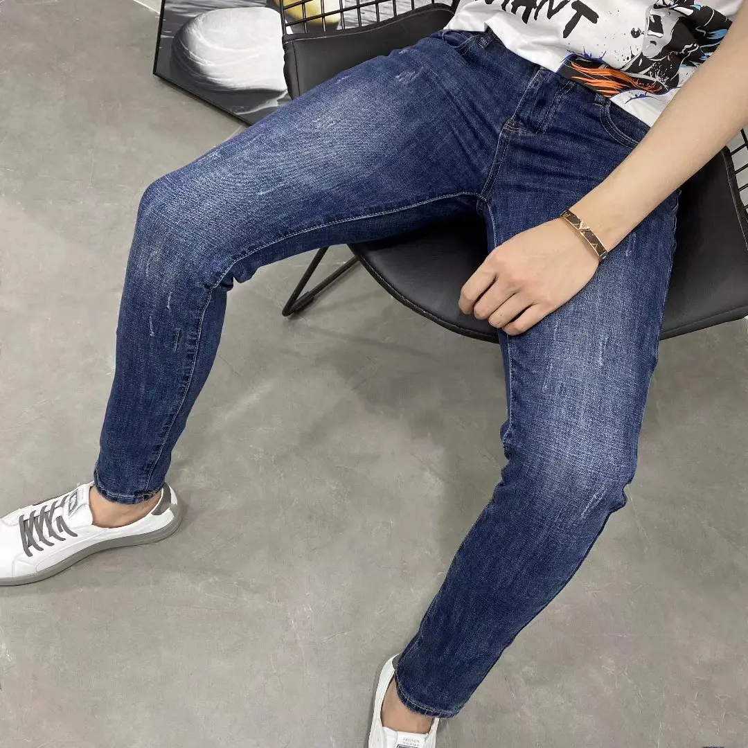 남성용 가을 겨울 스티커, 다크 블루 슬림핏 크롭 청바지, 작은 발, 철제 스피릿 가이 스트레치 펜슬 데님 디자이너 바지