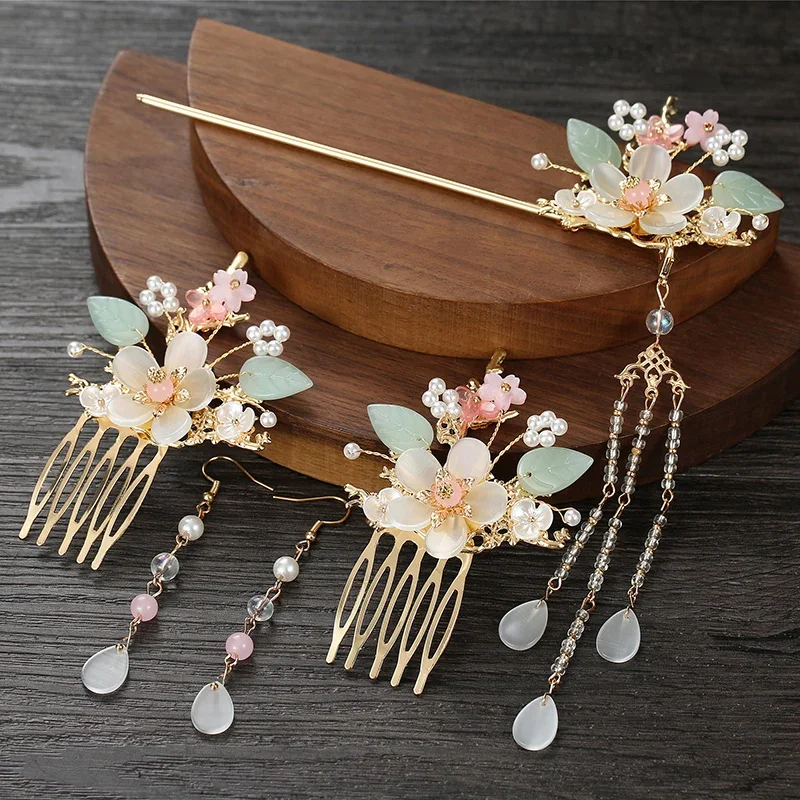 

Hanfu Headdress Earrings Full Set Fairy Tassel Step-shaking Hairpin Ancient Chinese Hairpin Hanfu Costume Hair Accessories Women