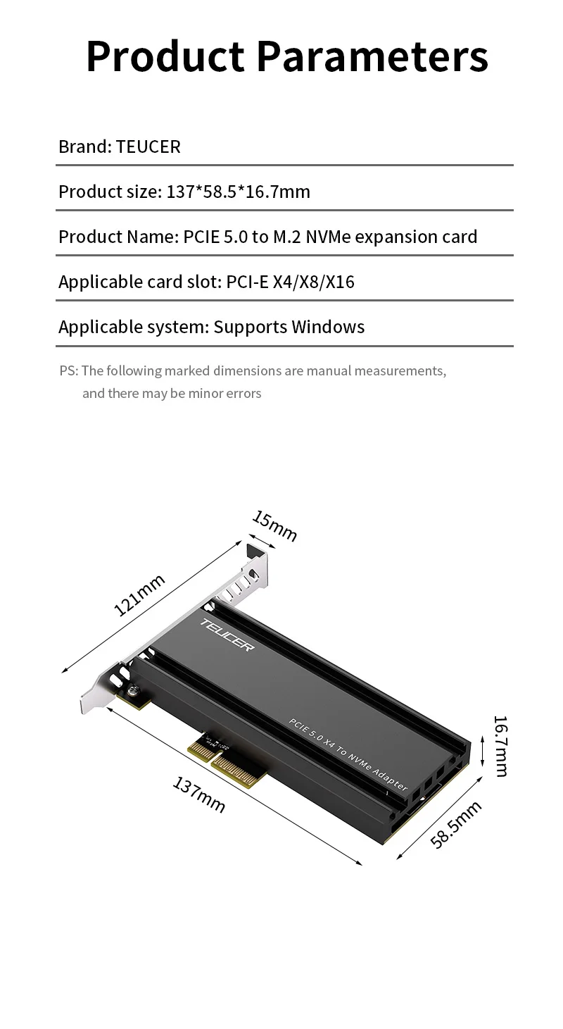 TEUCER PCIE 5.0 to M.2 NVMe Adapter Card High-Speed PCIe X4/X8/X16 to M2 SSD Con