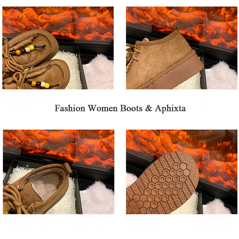 APHIXTA Tassels Platform Winter Plush Snow Boots Woman Bead Lace-up Tie Shoes Warm Ankle Boots Handmade Sewing Size 35-40