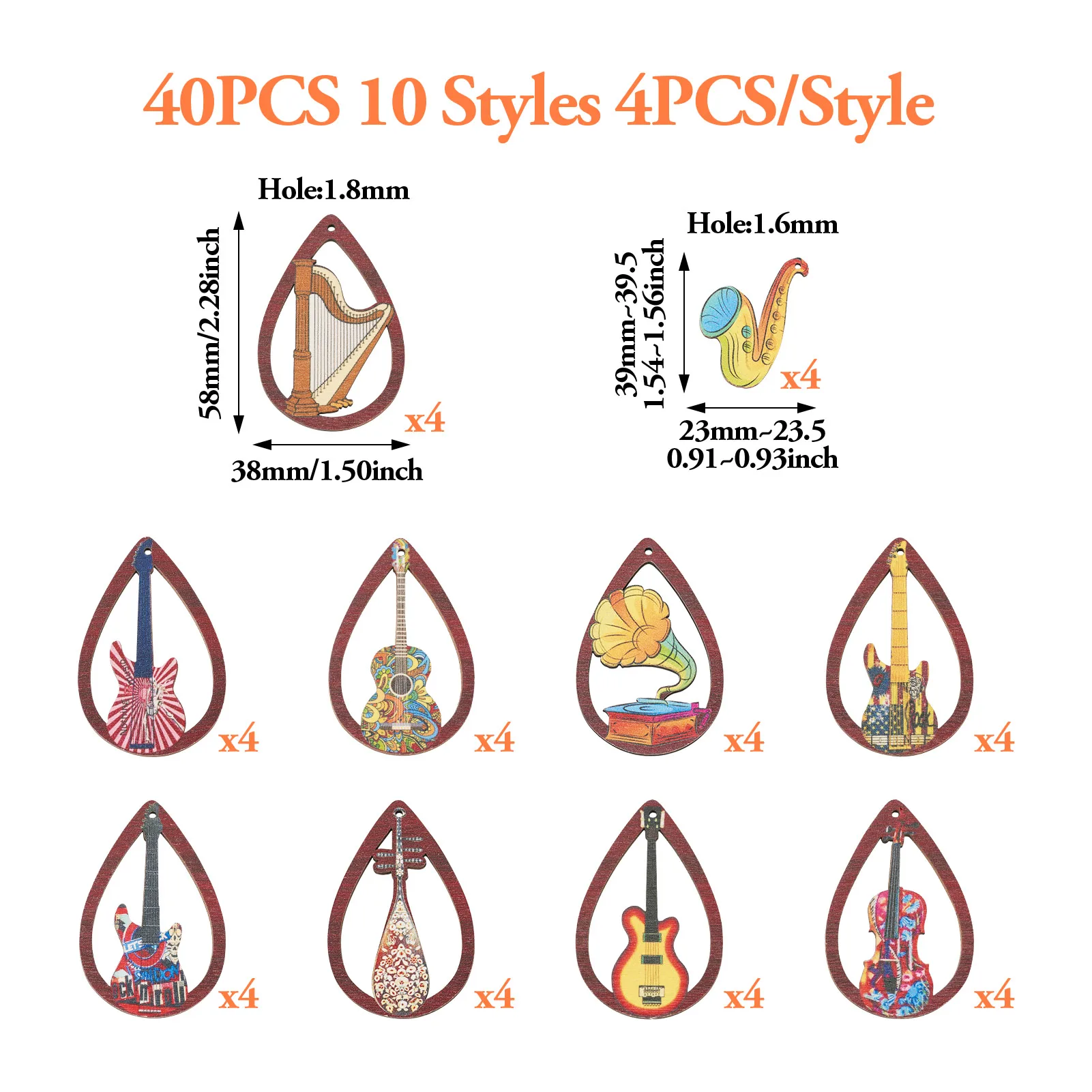 40Pcs Musical Instrument Saxophone Bass Guitar Wood Charms Printed Wooden Pendants for Jewelry Making diy Earring Necklace Craft