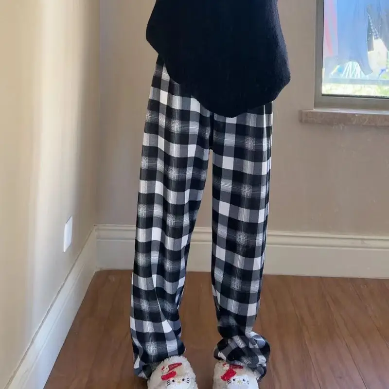 Padded Thickened Wide Leg Pants Winter LambswoolPlaid Pants Female High Waist Casual Straight Pants 4
