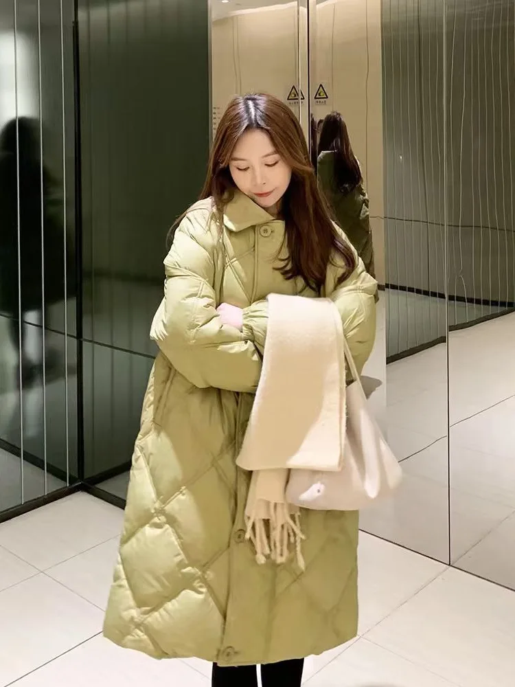 

Winter all-match casual rhombus solid color doll collar down jacket women's long over-the-knee white duck down warm jacket