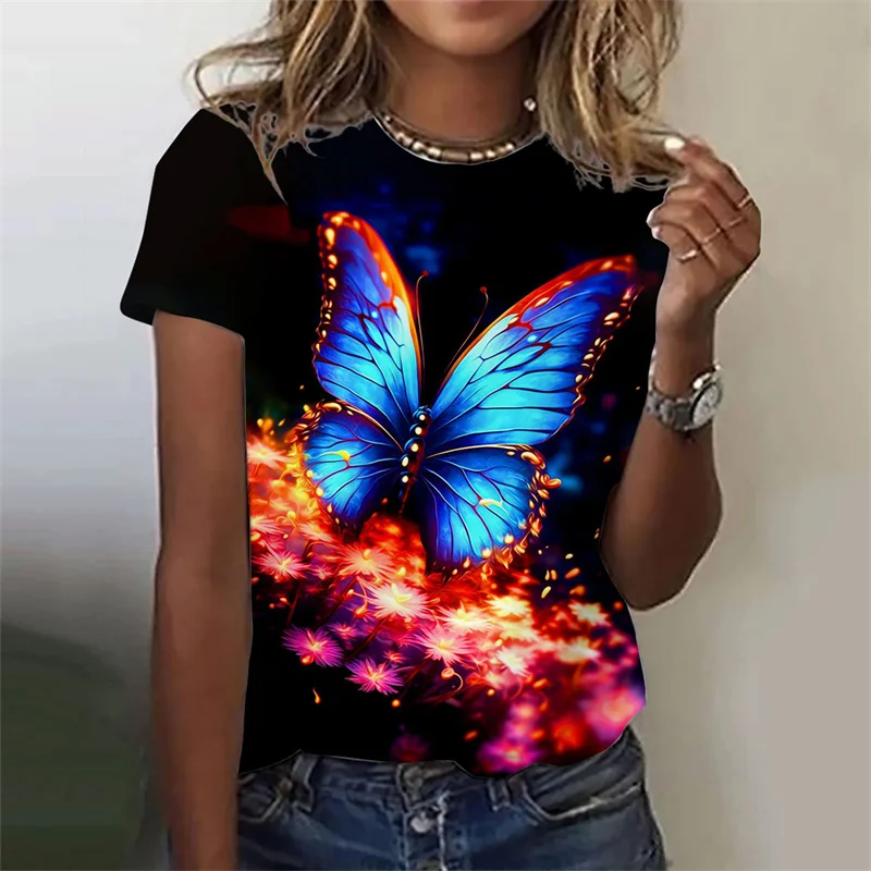

Винтажная летняя футболка с 3D цветочным принтом роз, женские футболки с графическим рисунком бабочек, модная женская футболка с коротким рукавом