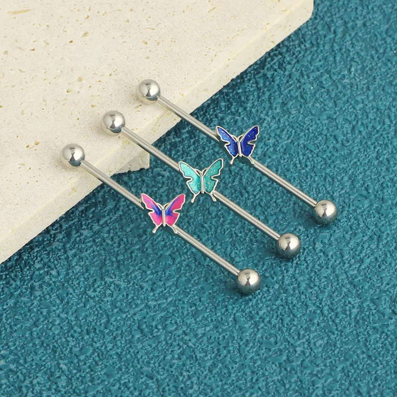 1PCS Stainless Steel Butterfly Industrial Piercing Barbell 14G Star Industrial Earring Tragus Cartilage Jewelry Rings