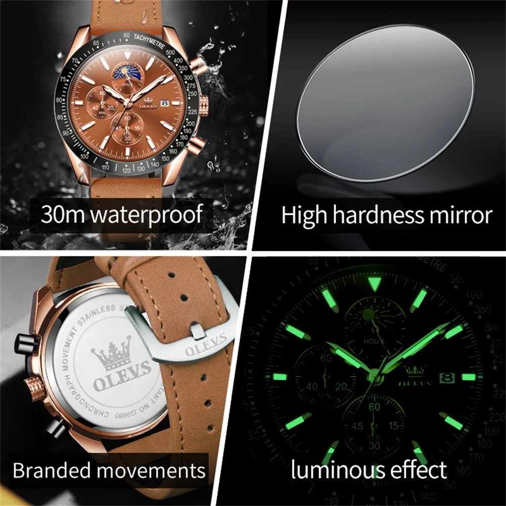OLEVS Fashion Leather Chronograph Quartz Watch for Men Waterproof Luminous Date Mens Watches Top Brand Luxury Wristwatch Male
