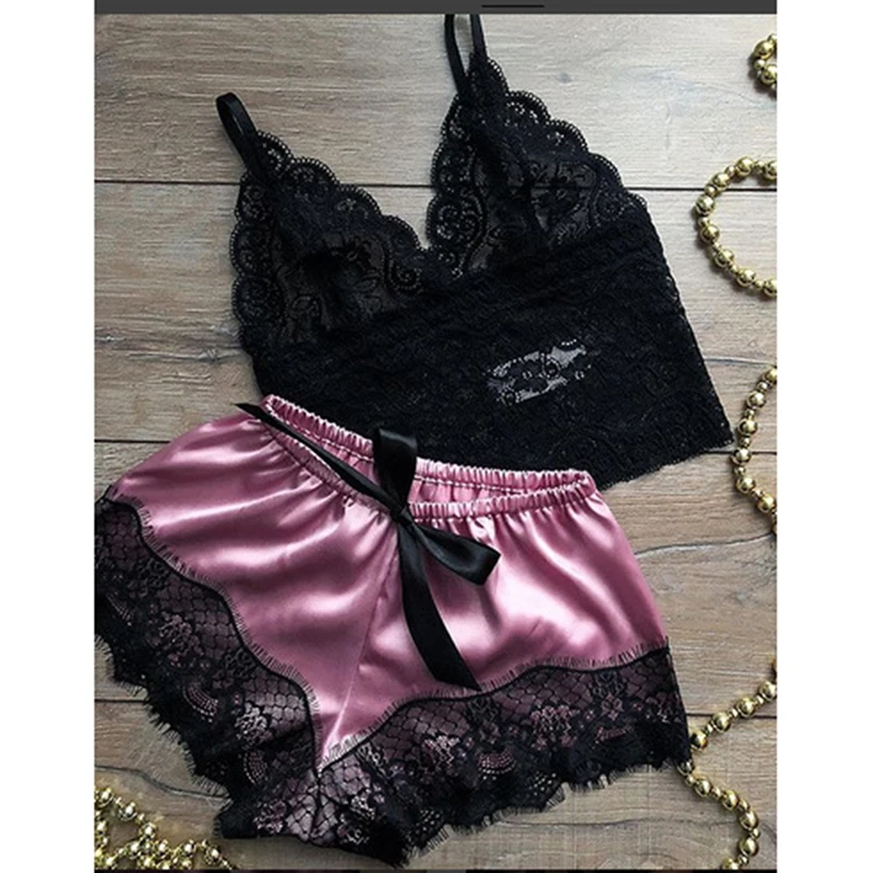 Lace Pajamas For Women Summer Sleepwear V-Neck Pajama Set Sleeveless Cami Top And Shorts Set Sexy Pyjama Homewear women pajamas set women pajama suit