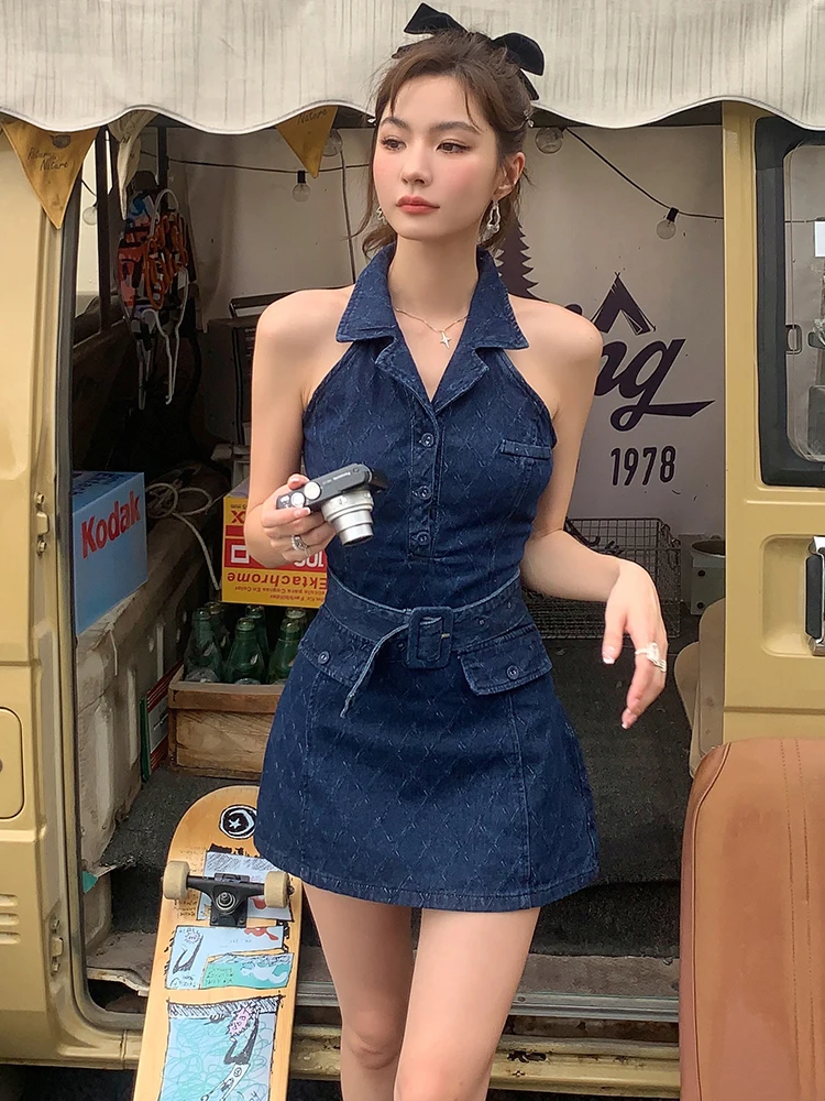 Korean Fashion Polo Denim Dress Women Vintage Sleeveless