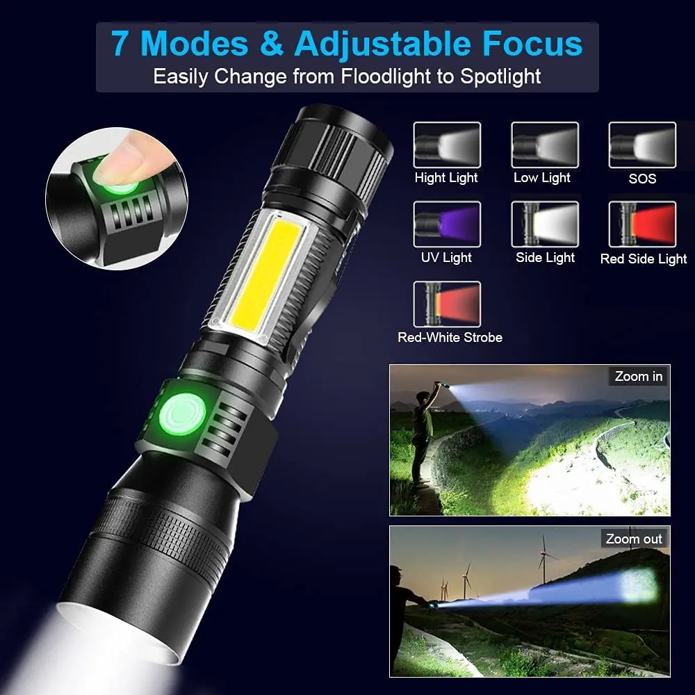 Multifunctional LED Flashlight UV Light/White Light/Red Light 7 Switch  Modes Flashlights Waterproof Torch Zoomable Flashlight