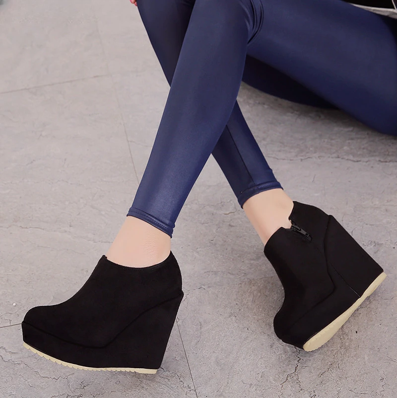 

2023 Autumn Winter New Stylish Women Ankle Boots Sexy Platform Round Toe Wedges Booties Ladies Boats Mujer Size 32-43 Black Beig