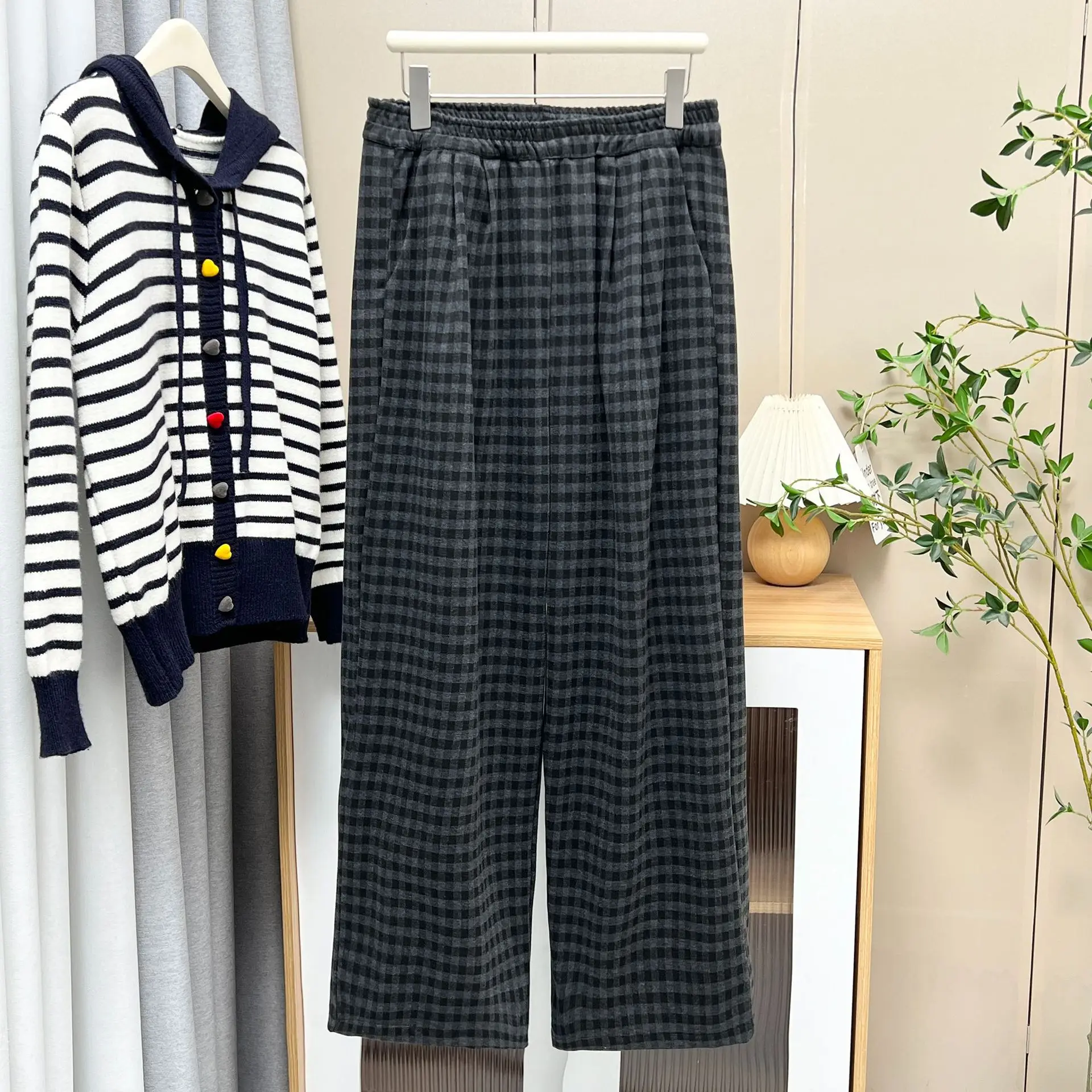 XXXXL Fashion Plus Size Women's Straight Pants New Autumn Simple Style Wide Leg Casual Plaid wide leg Trousers