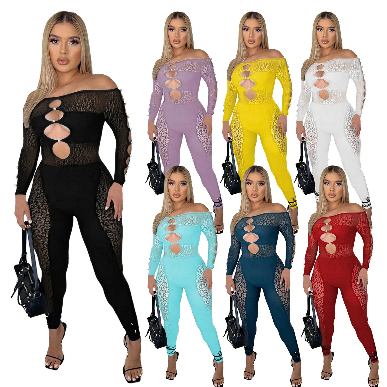 

Perspective Leopard Mesh Pearl Clasp Slash Neck Sexy jumpsuits Hollow Out Long Sleeves Ladies Nightclub Party Rompers