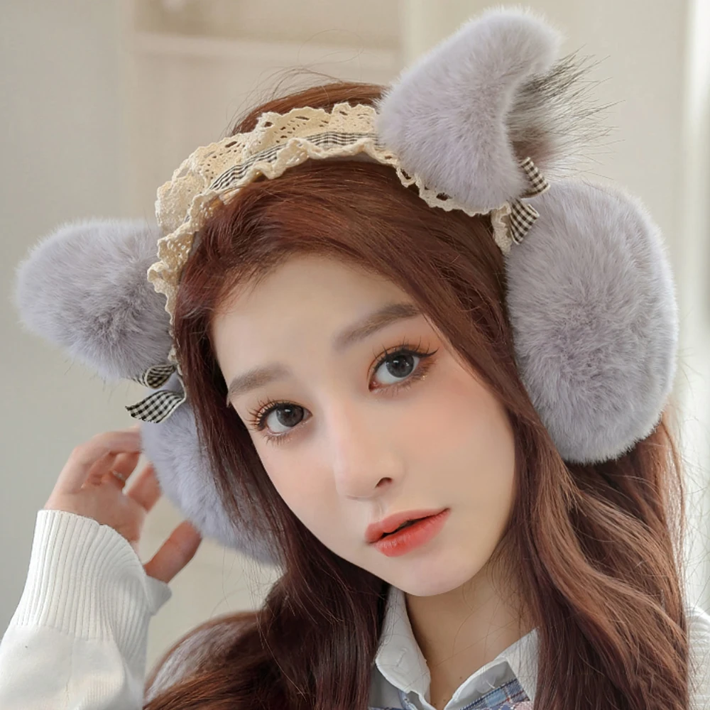 접이식 플러시 고양이 귀 모양 귀마개, 단색 로리타 스타일, 보온 유지, 미끄럼 방지 인조 모피, 겨울 귀 커버, 겨울 물건