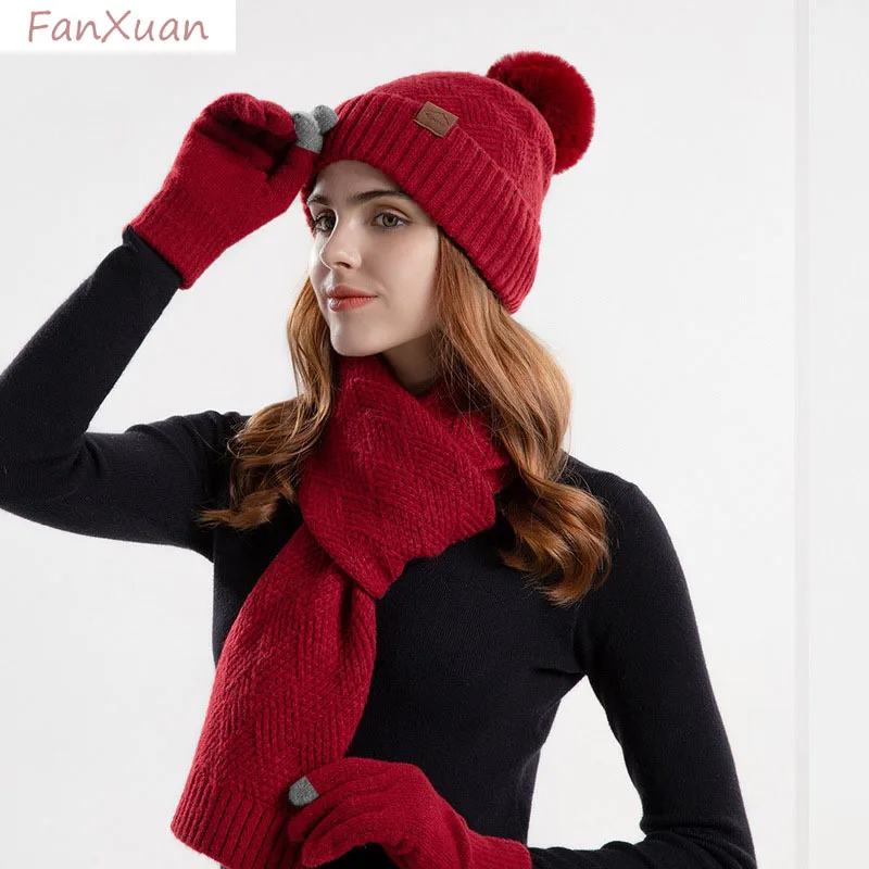 

3pcs Scarf Hat Glove Sets for Women Winter Pompom Beanies Long Scarves Plush Fleece-lined Thick Warm Female