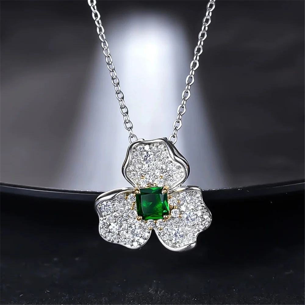 Female Luxury Crystal White Green Stone Pendant Necklace Vintage Silver Color Wedding Jewelry For Women