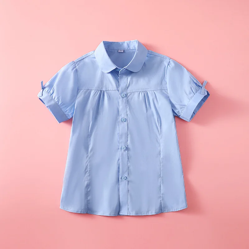 Summer Shirts for Teenage Boys Girls Cotton Short Sleeve White Blouses School Uniform Girls Puff Sleeve Blue Tops 4 8 12 16Year