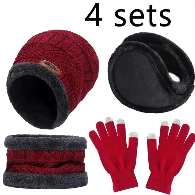 4pcs sets Winter Warm Velvet men Hat Scarf Gloves Set For men and women Girls Outdoor Riding Hat Beanies Neck Protection Scarf C 2