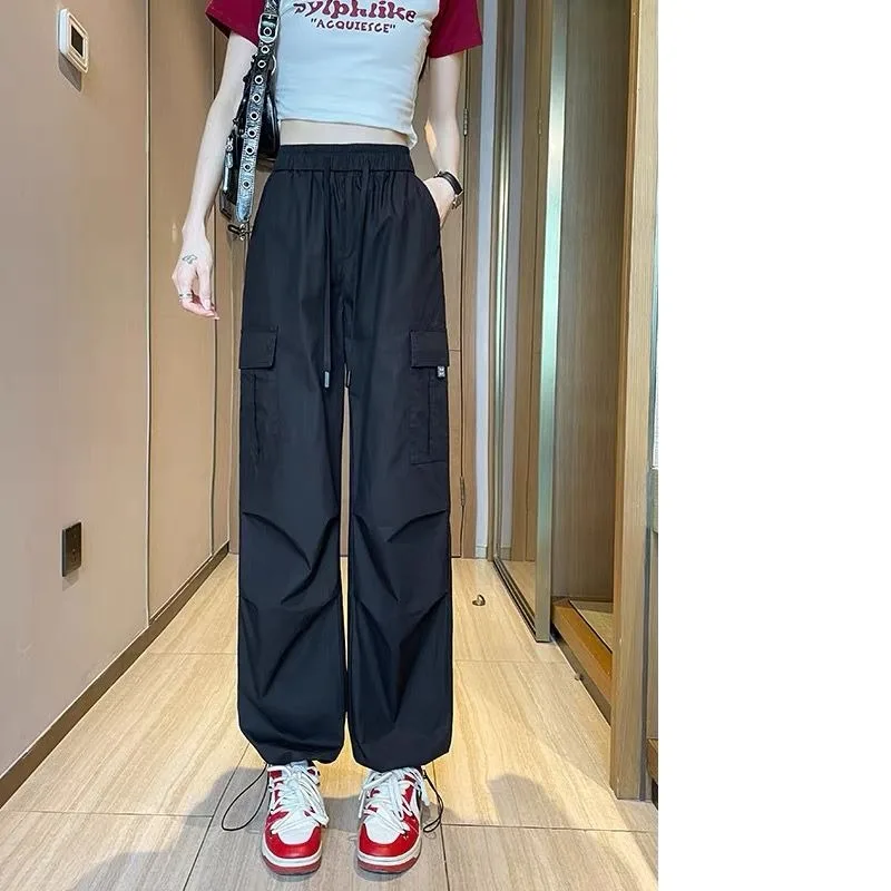 Spring Autumn Women's Solid Pockets Drawstring Elastic High Waist Ankle Tied Lantern Work Clothes Casual Trousers Vintage Pants