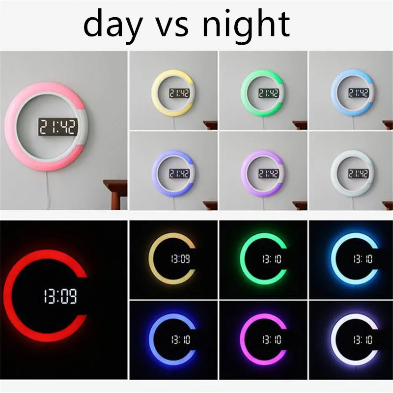 7 Colors 3D LED Wall Clock With Remote Control Digital Table Clock Alarm Mirror Wall Nightlight For Home Living Room 30#