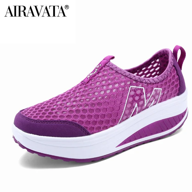 Women Casual Breathable Sneakers Lady's Shake Fitness Sport Shoes Fashion Mesh Fabric Slip-on Shoes purple