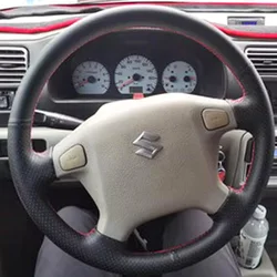 Customized Hand - Stitched Wear - Resistant Grey Leather Car Steering Wheel Cover (Red thread)