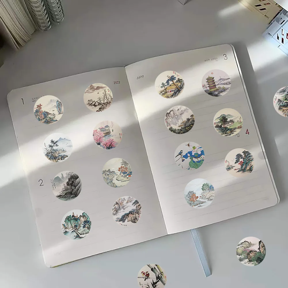 60Pcs Retro Chinese Style Landscape Painting Stickers Aesthetic View Illustration Decorative Sticker for Phone Fridge Notebook 6