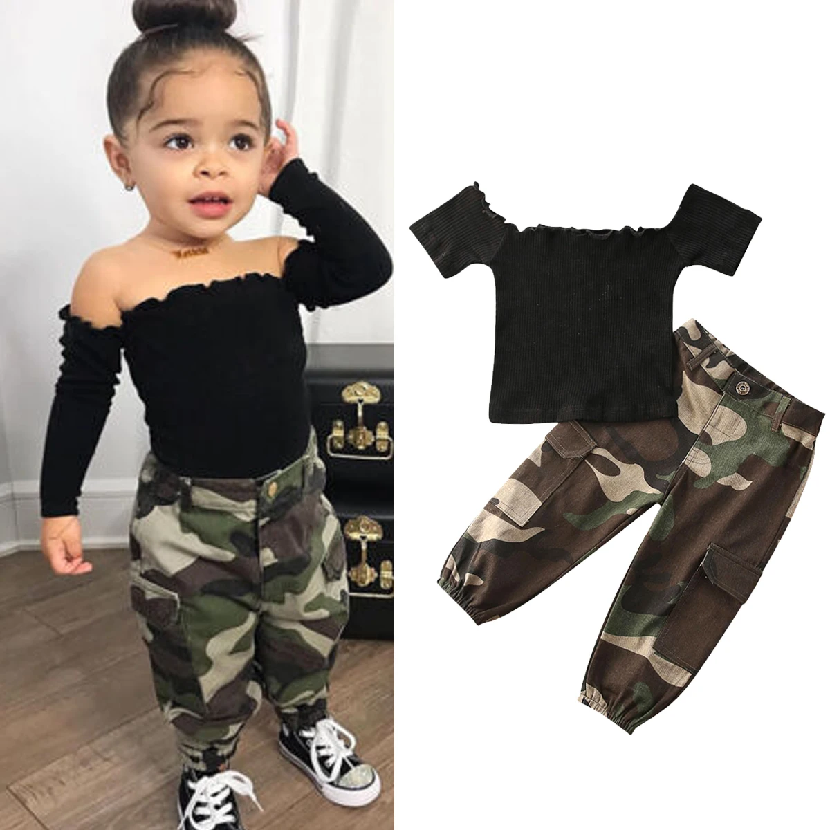 

BeQeuewll 1-6Y Children Kids Girls Clothes Set Toddler Outfits Ruffle Off Shoulder Crop Tops Camo Pants Summer Clothing D08