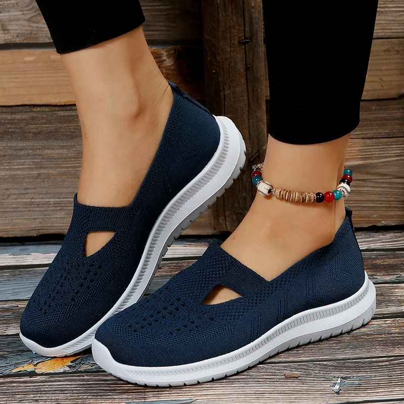 Breathable Knitted Flats Shoes for Women 2023 Autumn Shallow Soft Sole Sneakers Woman Mesh Hollow Out Casual Shoes Plus Size 42