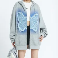 Women Autumn Loose Long Sleeve Pullovers Y2k Street Hoodies Couple Sweatshirt Vintage Denim Butterfly Embroidery Patchwork Tops 1