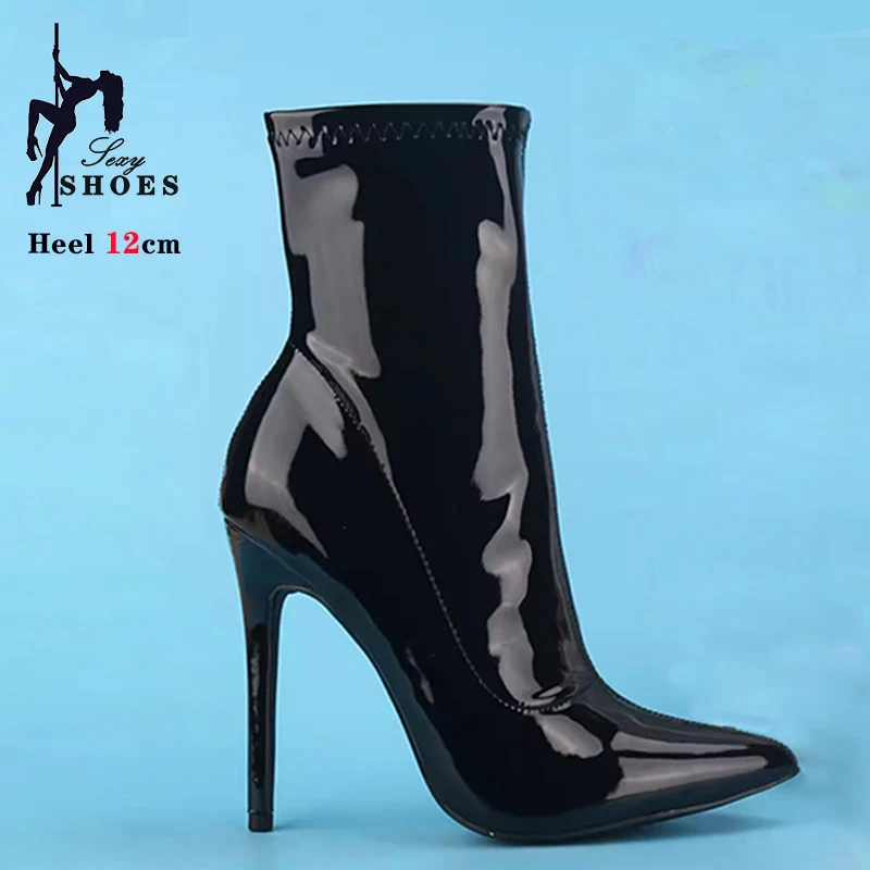 10CM 12cm Black Patent Leather Pointed Toe Women Middle Boots Stiletto High Heel-ed Zipped Mid-calf Boots Bright Polished Shoes