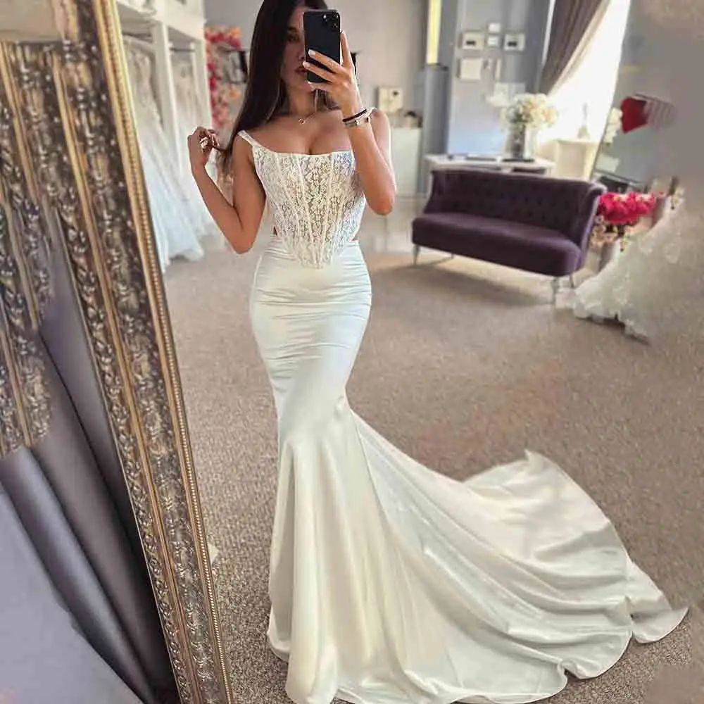 

Stunning Two Pieces Appliques Lace Square Collar Corset Wedding Dress for Women Mermaid Court Wedding Bridal Gown vestido de