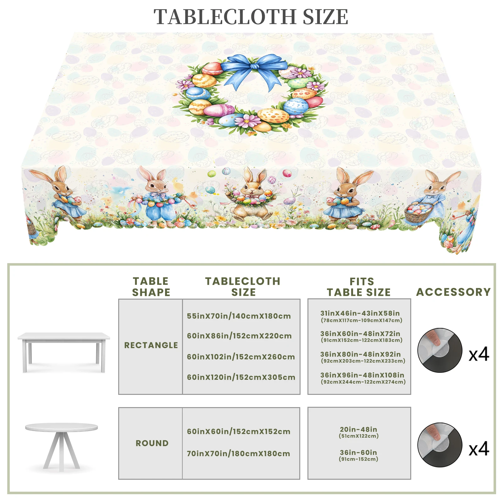 1 Piece Easter Egg Rabbit Round Tablecloth, 5 Sizes Available, Easter Egg Print Square Decorative Tablecloth, Edge Embossing Craft, Easter Spring Garden Tablecloth Decoration, Tablecloth for Daily Home Kitchen, Terrace Use, Easter Decoration 6
