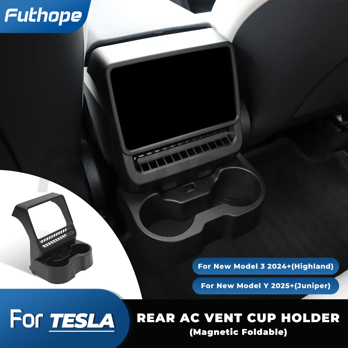 Futhope 3-in-1 Rear Air Outlet Cup Holder for Tesla New Model Y Juniper Armrest Storage Box Cup Dust Cover