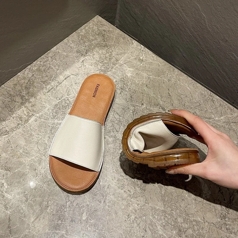 

Simple genuine leather thick sole slippers for women's outerwear 2023 summer new versatile Oxford soft beach shoes