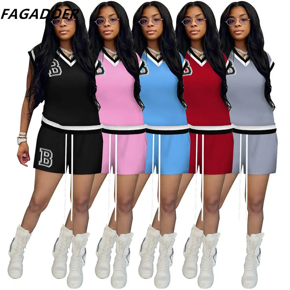 FAGADOER Casual Letter Embroidery Shorts Two Piece Women V Neck Sleeveless Top + Lace Up Shorts Tracksuits Summer Sport Outfits