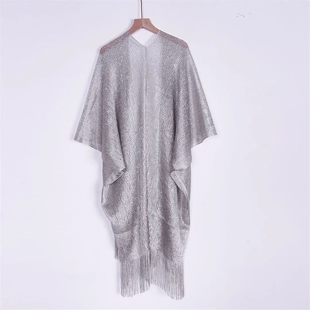 Sexy Fringe Tassel Mesh Sheer Shiny Knitted Tunic Beach Cover Up Cover-ups Beach Dress Beach Wear Beachwear Female Women