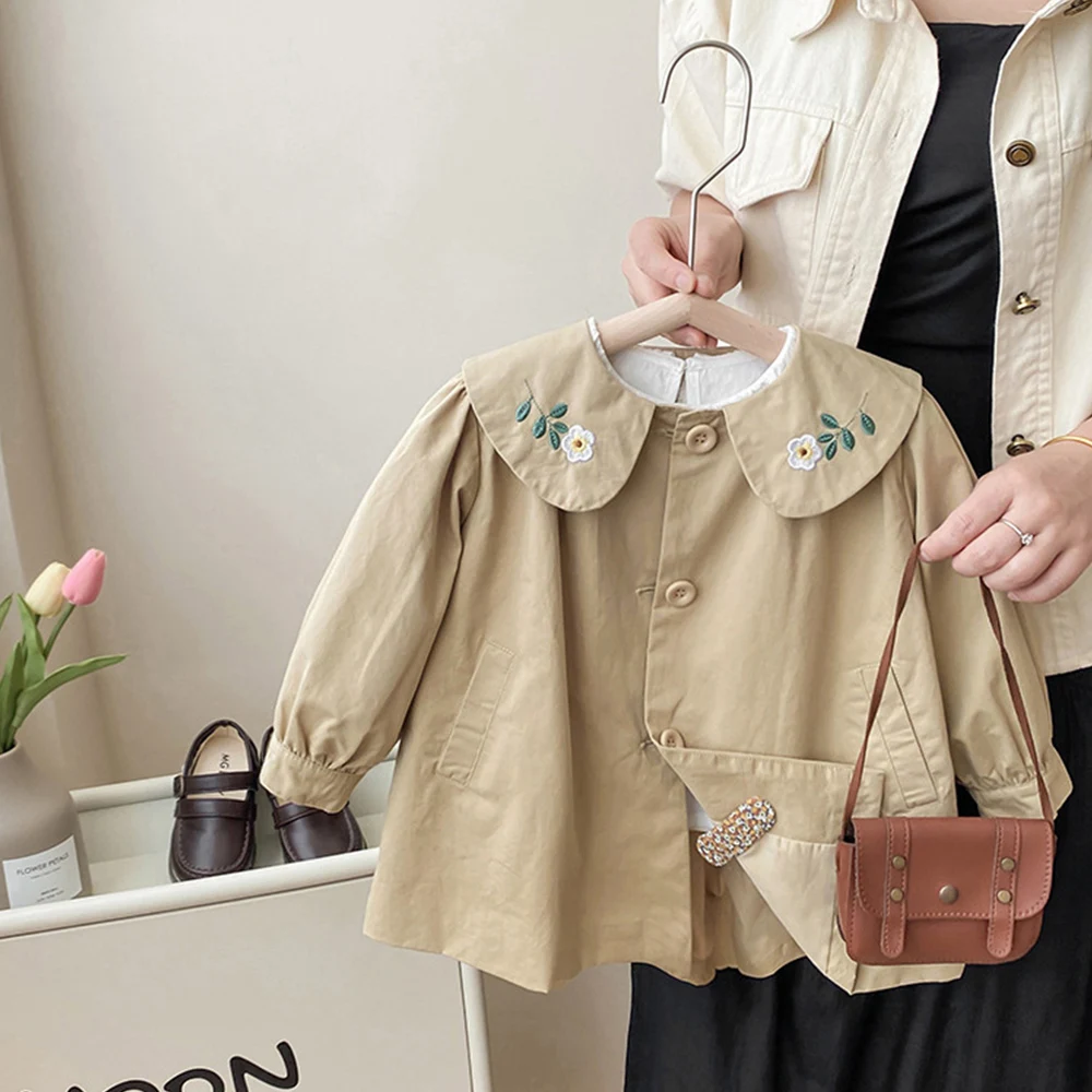 Kids Girls Trench Coat Floral Embroidery Peter Pan Collar Versatile Windbreaker Children Casual One Breasted A-Line Jackets 1-8Y